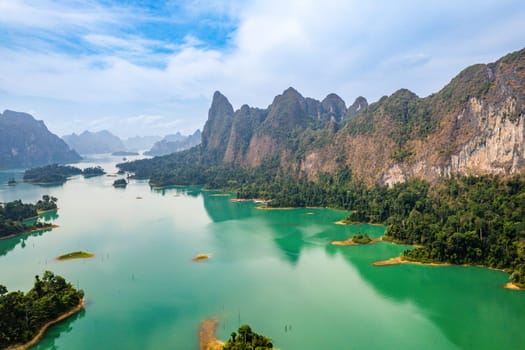 Aerial view of Khao Sok national park, in Cheow lan lake, Surat Thani, Thailand, south east asia