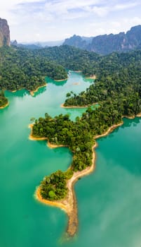 Aerial view of Khao Sok national park, in Cheow lan lake, Surat Thani, Thailand, south east asia