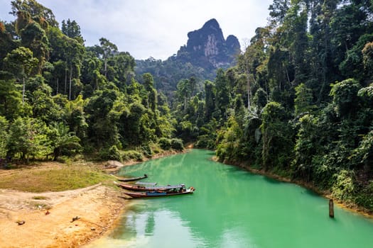 Aerial view of Khao Sok national park, in Cheow lan lake, Surat Thani, Thailand, south east asia