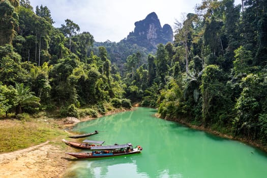 Aerial view of Khao Sok national park, in Cheow lan lake, Surat Thani, Thailand, south east asia