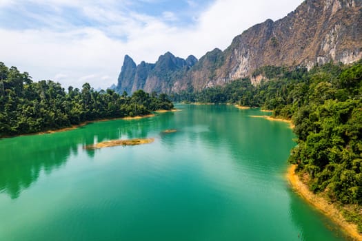 Aerial view of Khao Sok national park, in Cheow lan lake, Surat Thani, Thailand, south east asia