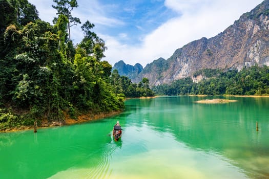 Aerial view of Khao Sok national park, in Cheow lan lake, Surat Thani, Thailand, south east asia