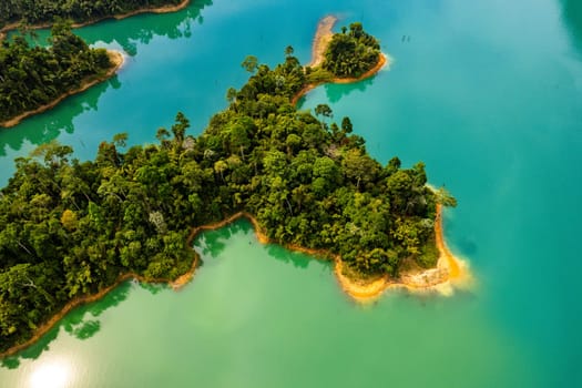 Aerial view of Khao Sok national park, in Cheow lan lake, Surat Thani, Thailand, south east asia