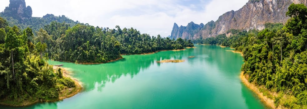 Aerial view of Khao Sok national park, in Cheow lan lake, Surat Thani, Thailand, south east asia