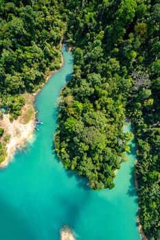 Aerial view of Khao Sok national park, in Cheow lan lake, Surat Thani, Thailand, south east asia