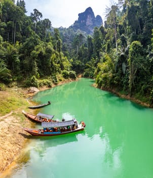 Aerial view of Khao Sok national park, in Cheow lan lake, Surat Thani, Thailand, south east asia