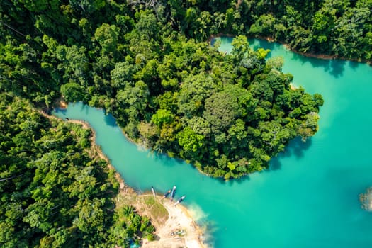 Aerial view of Khao Sok national park, in Cheow lan lake, Surat Thani, Thailand, south east asia