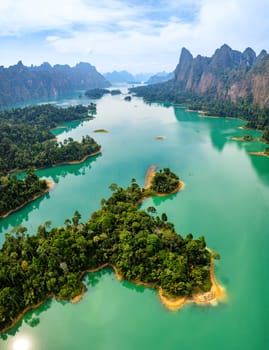 Aerial view of Khao Sok national park, in Cheow lan lake, Surat Thani, Thailand, south east asia