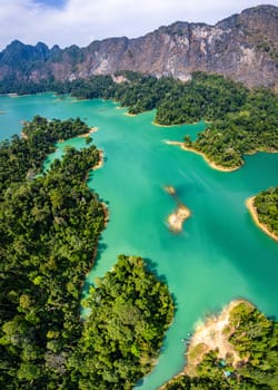 Aerial view of Khao Sok national park, in Cheow lan lake, Surat Thani, Thailand, south east asia