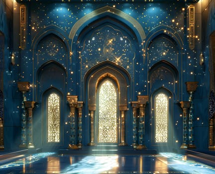 A room painted in blue and gold hues, featuring arches and windows for symmetry. The interior design is accentuated by art and glass, with a vaulted ceiling adding to the grand facade