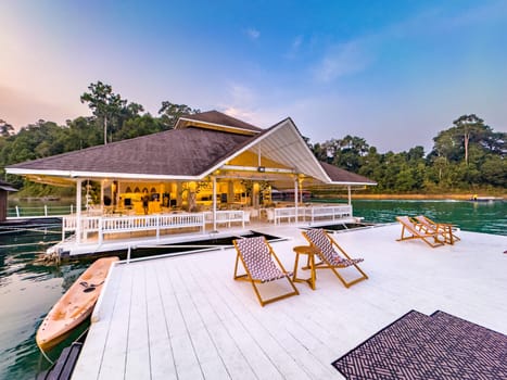 Floating bungalow on the Cheow lan Lake in Khao Sok National Park in Surat Thani, Thailand. South east asia