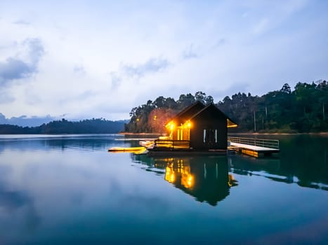 Floating bungalow on the Cheow lan Lake in Khao Sok National Park in Surat Thani, Thailand. South east asia