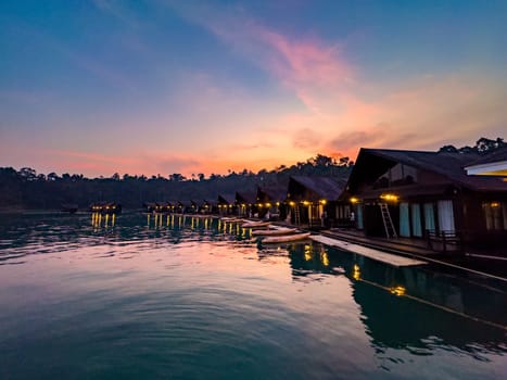 Floating bungalow on the Cheow lan Lake in Khao Sok National Park in Surat Thani, Thailand. South east asia