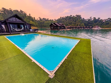 Floating bungalow on the Cheow lan Lake in Khao Sok National Park in Surat Thani, Thailand. South east asia