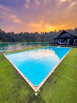Floating bungalow on the Cheow lan Lake in Khao Sok National Park in Surat Thani, Thailand. South east asia