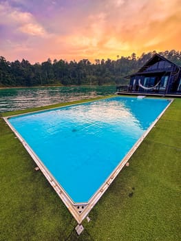 Floating bungalow on the Cheow lan Lake in Khao Sok National Park in Surat Thani, Thailand. South east asia