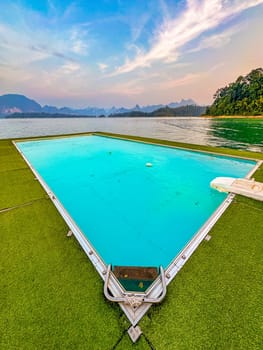 Floating bungalow on the Cheow lan Lake in Khao Sok National Park in Surat Thani, Thailand. South east asia