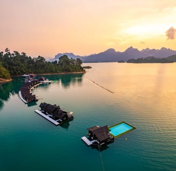 Floating bungalow on the Cheow lan Lake in Khao Sok National Park in Surat Thani, Thailand. South east asia