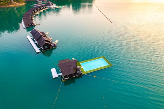 Floating bungalow on the Cheow lan Lake in Khao Sok National Park in Surat Thani, Thailand. South east asia