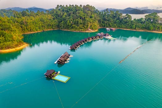 Floating bungalow on the Cheow lan Lake in Khao Sok National Park in Surat Thani, Thailand. South east asia