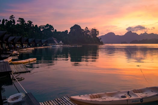 Floating bungalow on the Cheow lan Lake in Khao Sok National Park in Surat Thani, Thailand. South east asia