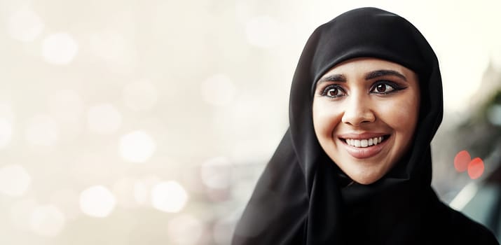 Happy, face and muslim woman outdoor with bokeh, mockup and joy for spiritual adventure on light background. Islamic, travel and Mecca for Hajj, Ramadan Kareem and Eid celebration in holy city.