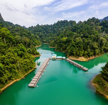 Floating bungalow on the Cheow lan Lake in Khao Sok National Park in Surat Thani, Thailand. South east asia