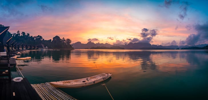 Floating bungalow on the Cheow lan Lake in Khao Sok National Park in Surat Thani, Thailand. South east asia