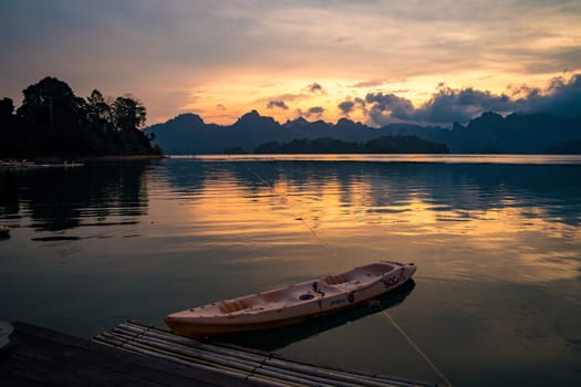 Floating bungalow on the Cheow lan Lake in Khao Sok National Park in Surat Thani, Thailand. South east asia