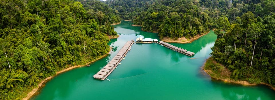 Floating bungalow on the Cheow lan Lake in Khao Sok National Park in Surat Thani, Thailand. South east asia