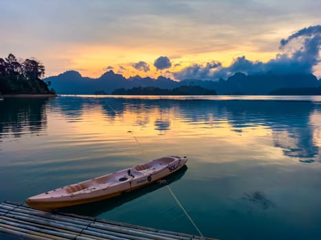 Floating bungalow on the Cheow lan Lake in Khao Sok National Park in Surat Thani, Thailand. South east asia