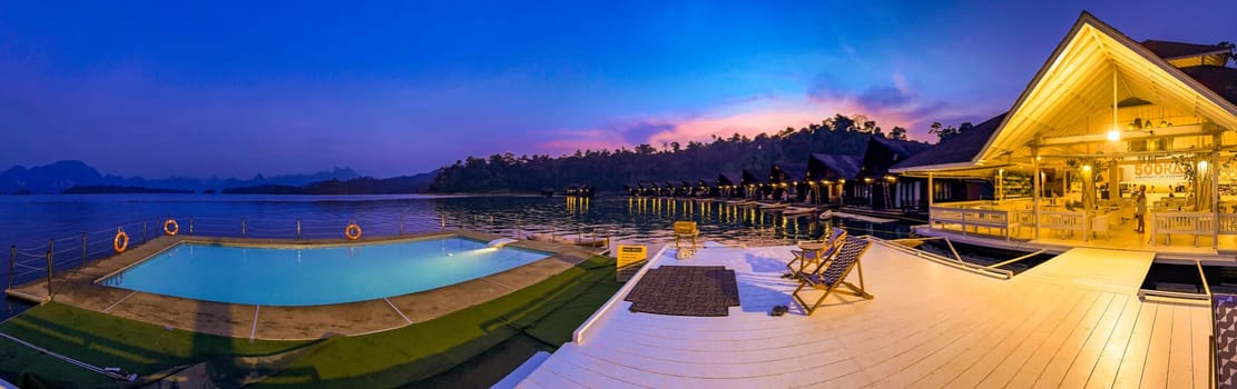 Floating bungalow on the Cheow lan Lake in Khao Sok National Park in Surat Thani, Thailand. South east asia