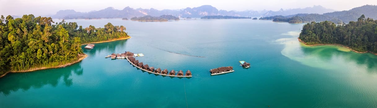 Floating bungalow on the Cheow lan Lake in Khao Sok National Park in Surat Thani, Thailand. South east asia