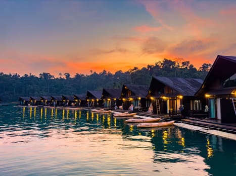 Floating bungalow on the Cheow lan Lake in Khao Sok National Park in Surat Thani, Thailand. South east asia