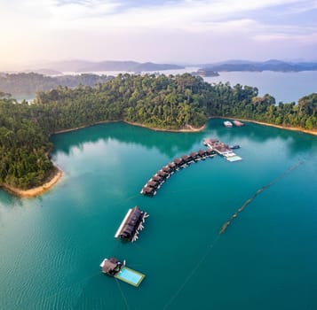 Floating bungalow on the Cheow lan Lake in Khao Sok National Park in Surat Thani, Thailand. South east asia