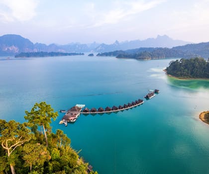 Floating bungalow on the Cheow lan Lake in Khao Sok National Park in Surat Thani, Thailand. South east asia