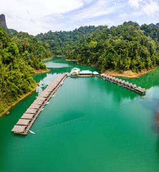 Floating bungalow on the Cheow lan Lake in Khao Sok National Park in Surat Thani, Thailand. South east asia