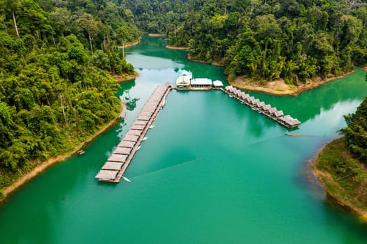 Floating bungalow on the Cheow lan Lake in Khao Sok National Park in Surat Thani, Thailand. South east asia