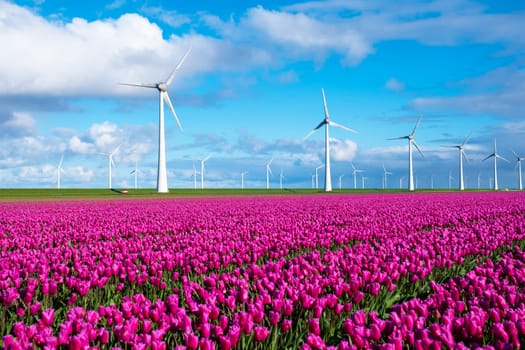 A field of vibrant purple tulips dances in the wind, set against a backdrop of majestic windmill turbines in the Netherlands in Spring.