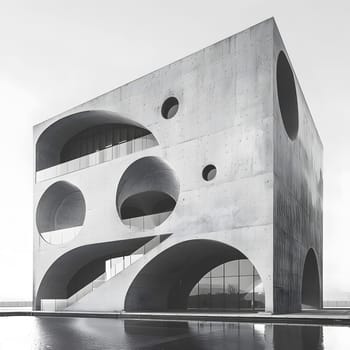 A blackandwhite art photo featuring a large concrete building with holes in its facade against the backdrop of a dark sky, showcasing monochrome beauty