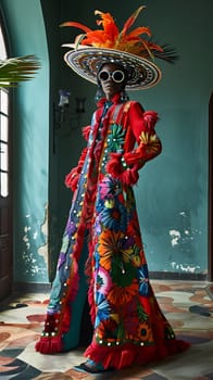 A woman in a vibrant magenta gown and matching hat stands elegantly in a room. Her onepiece garment and fashionable design exudes artistry and formal wear for a special event