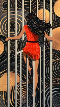 An artistic display featuring a woman with long hair wearing a red dress, standing gracefully in a cage. The intricate patterns of the dress highlight her waist and thigh