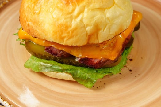 Cheeseburger is beef patty, melted cheese, fresh lettuce, and ripe tomato are clearly visible.
