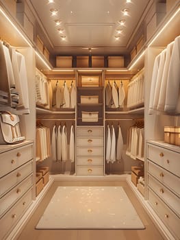 A walkin closet made of Brown hardwood cabinetry and wood flooring, filled with lots of clothes and drawers. The fixture is a rectangle made of composite material with a wood stain finish