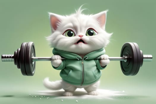 cute kitten goes in for sports, lifts a heavy barbell .