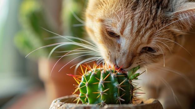 A ginger tabby cat gently bites a small cactus, a dangerous but curious natural interaction captured in warm light