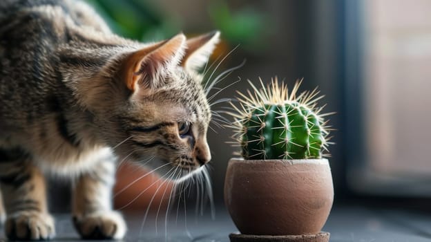 Domestic cat with a focused gaze stands near a cactus in an earthen pot, embodying curiosity and caution