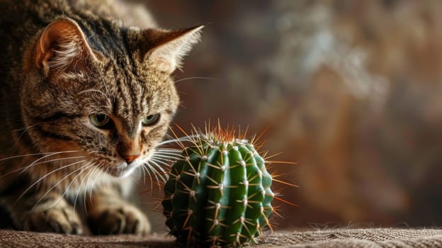 A cautious tabby cat cautiously sniffs a potted cactus, its sharp spines contrasting with the feline's soft fur and whiskers