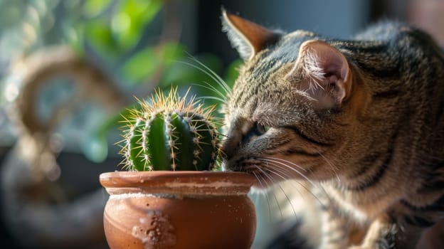 A house cat eyeing a potted cactus with cautious interest, its whiskers and keen eyes focused on the prickly green plant