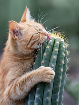 A ginger cat affectionately nuzzles a cactus, closing its eyes in apparent enjoyment, surrounded by soft-focused greenery